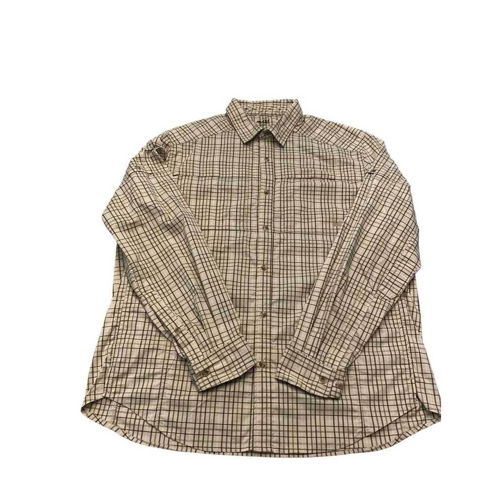 REI Co-Op Mens XL Long Sleeve Plaid Vented Hiking Shirt Stretch Button Up Tan